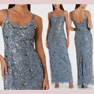 NWT Mac‎ Duggal [ 4 ] 5477 Floral Embellished Scoop Neck Gown in Slate Grey Blue